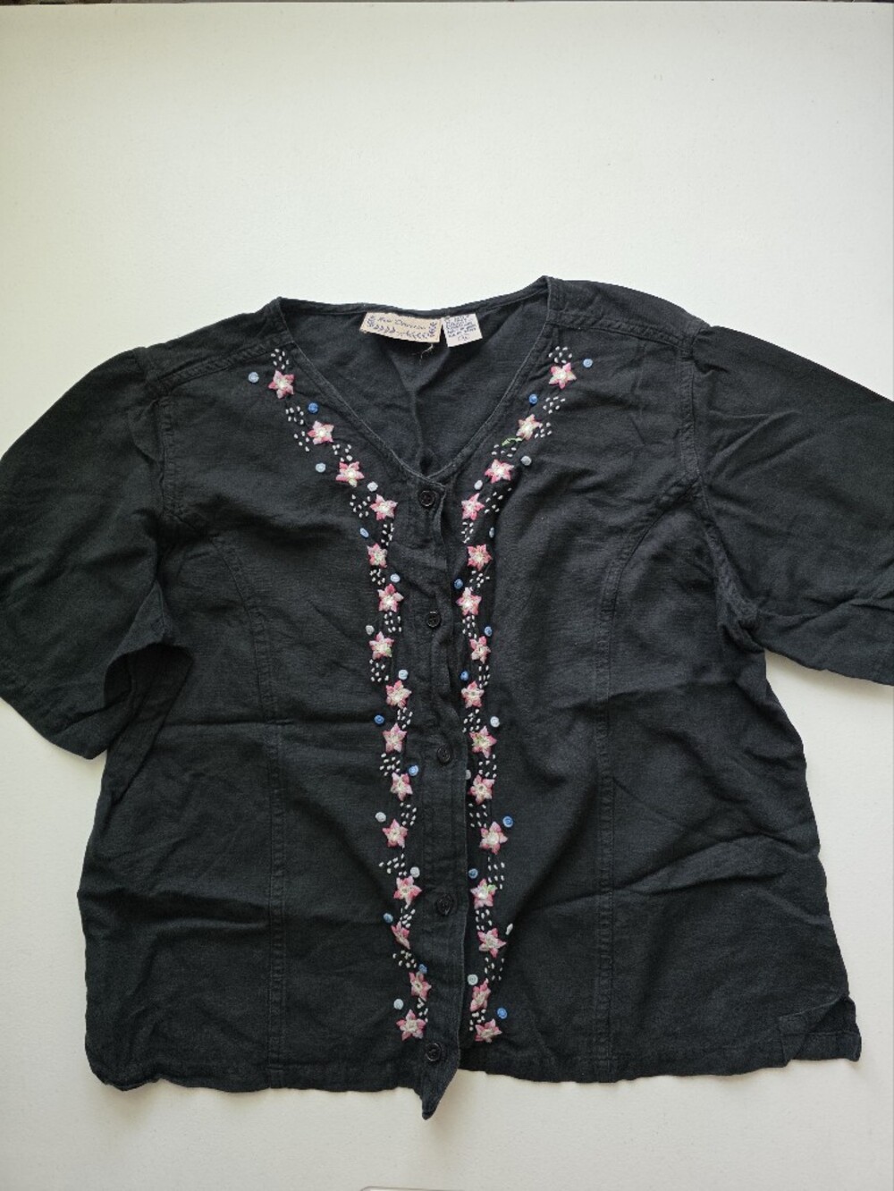 new direction Black Embroidered Floral Top with Pink & Blue Accents